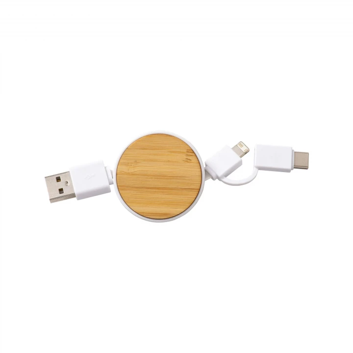 Sustainable Living Bamboo Retractable Cable with 3 in 1 USB Connector Adapter
