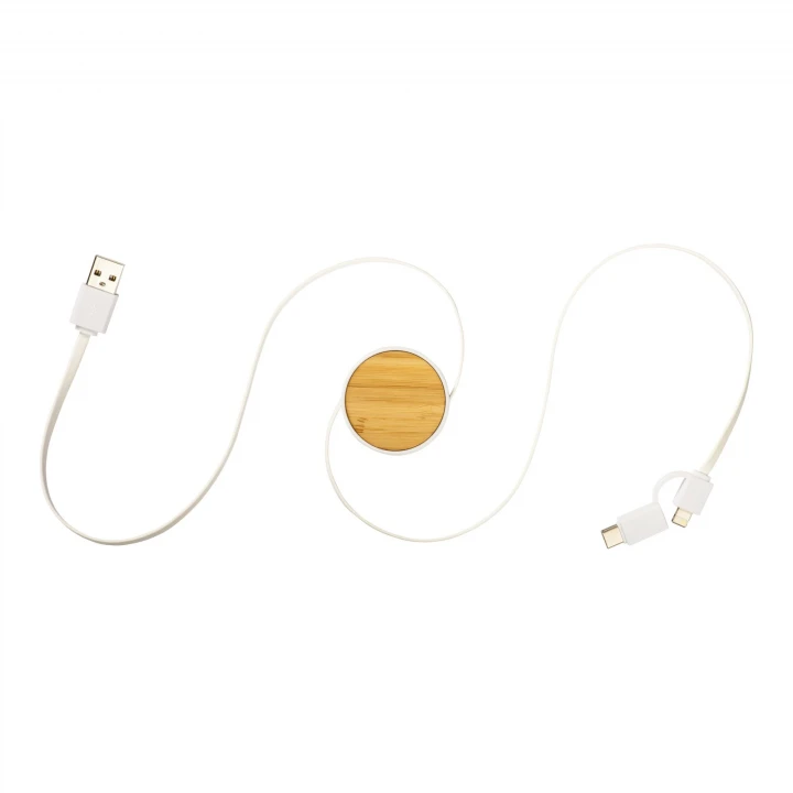 Sustainable Living Bamboo Retractable Cable with 3 in 1 USB Connector Adapter