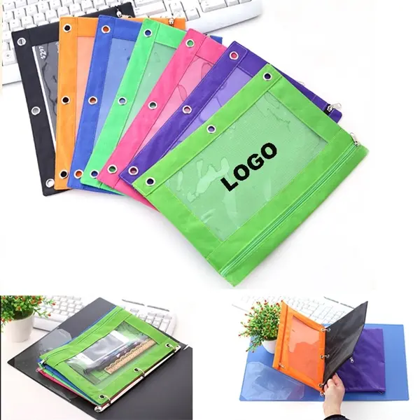 Pencil Pouch with Zipper/Pencil bag with 3 eyelet Holes pvc