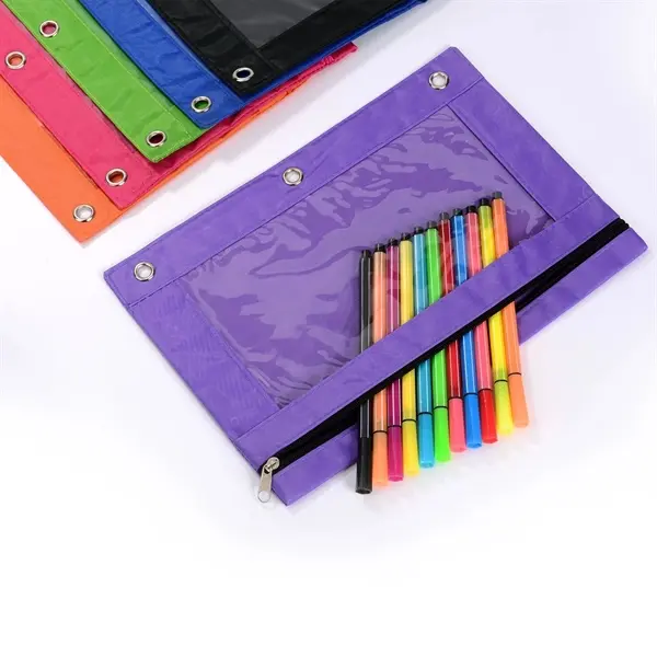 Pencil Pouch with Zipper/Pencil bag with 3 eyelet Holes pvc