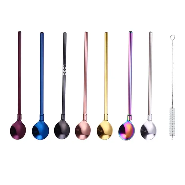 8 In Stainless Steel Straw Spoon Stirrers with Brush