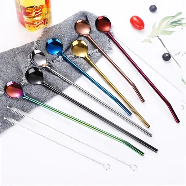 10 In Metal Straw Spoon Stirrers with Brush
