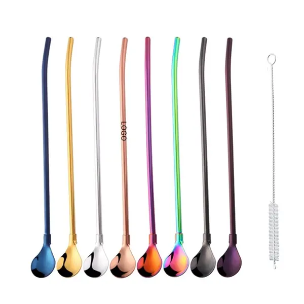 10 In Metal Straw Spoon Stirrers with Brush