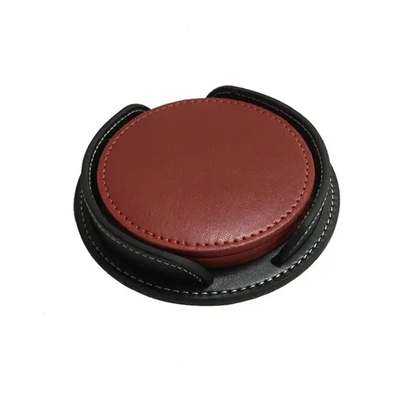4 Pieces Round Leatherette Coaster Set