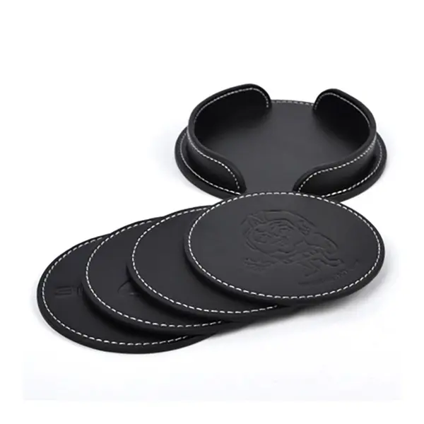 4 Pieces Round Leatherette Coaster Set