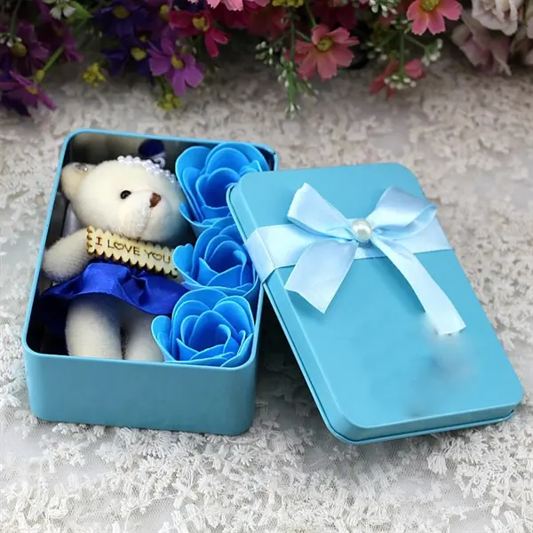 Rectangular iron little bear rose gift box