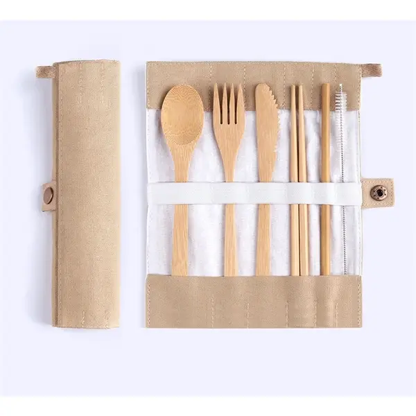 Custom reusable bamboo utensil set with canvas travel pouch – branded eco cutlery