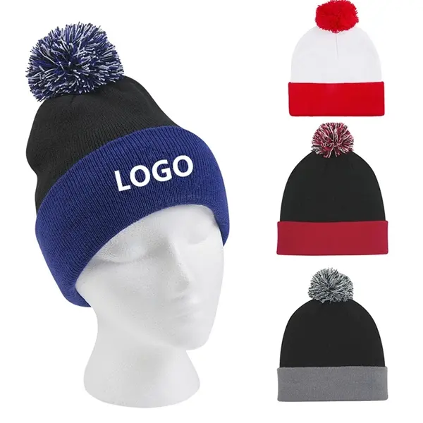 Knit Pom Beanie Cap With Cuff