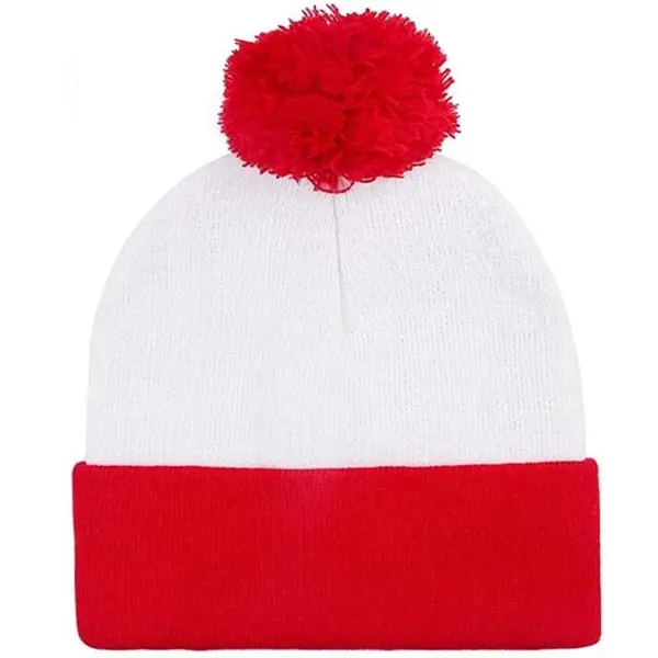 Knit Pom Beanie Cap With Cuff