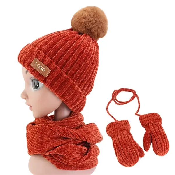 Chenille Beanies Scarf Gloves Sets for Kids
