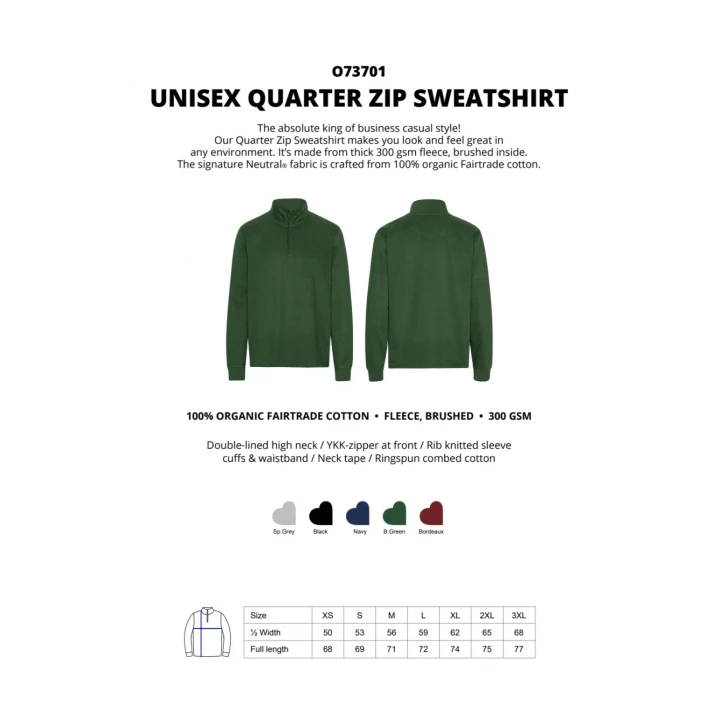 Fairtrade Organic Unisex Quarter Zip Sweatshirt Neutral® 